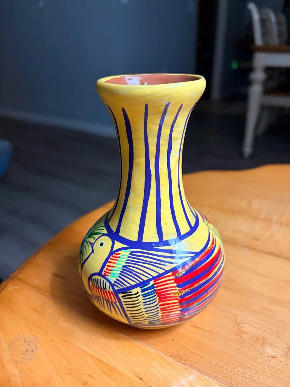 Hand-Painted Mexican Terracotta Vase with Birds and Floral Motif